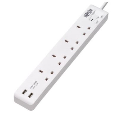 4-Outlet Power Strip with USB-A Charging - BS1363A Outlets, 220-250V, 13A, 1.8 m Cord, BS1363A Plug, White